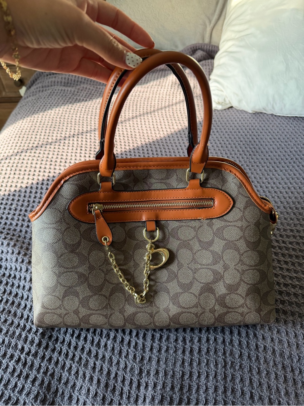 Brown Logo-Pattern Satchel with Tan Trim and Gold Chain Accent